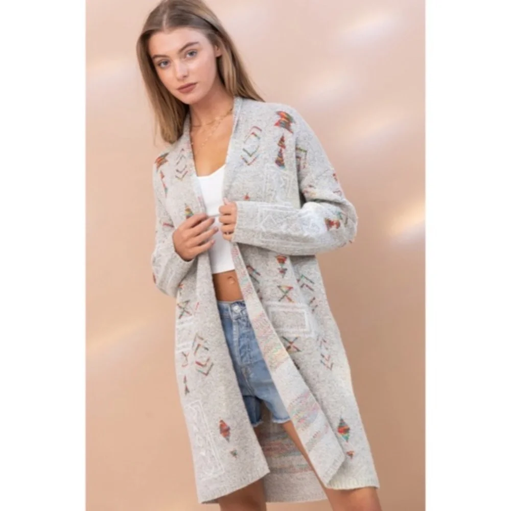 SOLD OUT Gray Colorful Aztec Tribal Western Marled Open Knit Cardigan Long - Picture 5 of 9